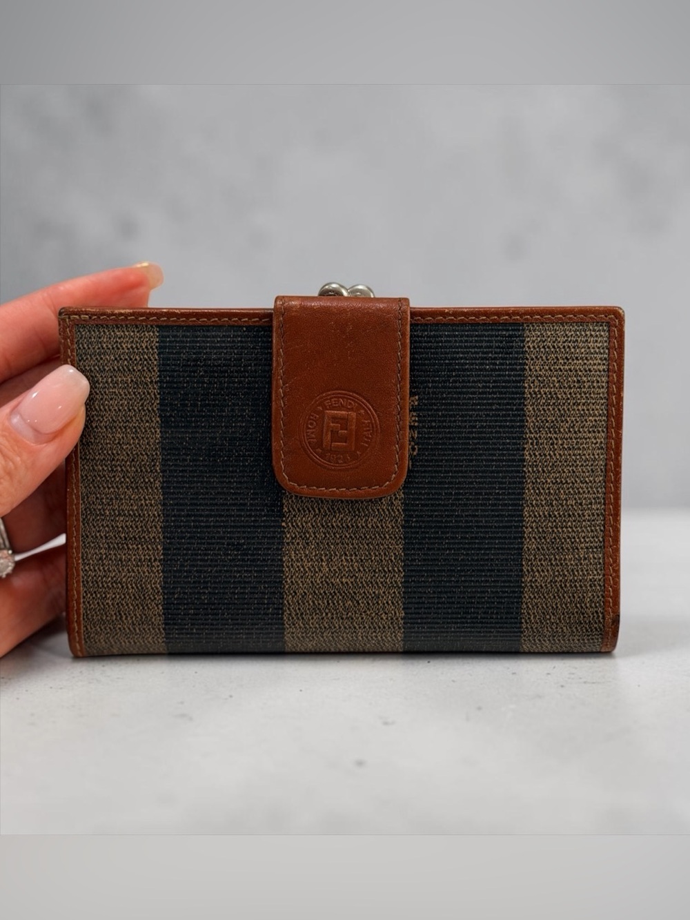 Fendi Pequin Brown Striped Canvas Bifold Wallet PreLOVED & COA